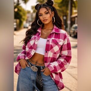 Women’s Plaid Small Shacket Hot Pink